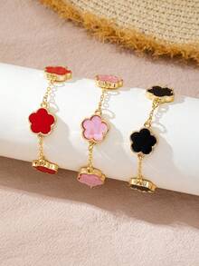 3/1 Set Pink, Black And Red Clover Bracelets, Fashion Classic Design, Suitable For Daily Wear, Dates, Formal Occasions, Elegant Ladies Accessories, Couple Gifts (No Gift Box) - Multicolor - View 2