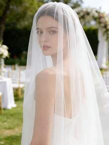 1件新娘婚纱头纱，1.5米单层简约风格新娘头纱，婚纱配饰 - 白色 - 查看 5
