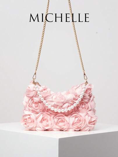 Crossbody Bag, Floral Print, Pearl Decor, Chain Strap, Women's Handbag, Gala Night, Party Outfits, Prom Bag, Prom Accessories, Wedding Items, Elegant Women's Wallet, Gifts For Women (Pattern Random)