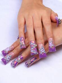 Handmade Long Duckbill Press On Nails, Purple Base, Star, Leopard Accents, Concert, Night Out Style Summer Easter - 紫丁香色 - 查看 7