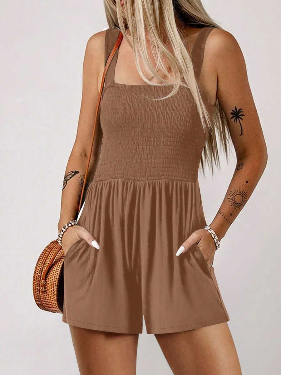 Acelitt Women's Solid Color Square Neck Cabled Patchwork Casual Romper, Summer - Coffee Brown - View 1