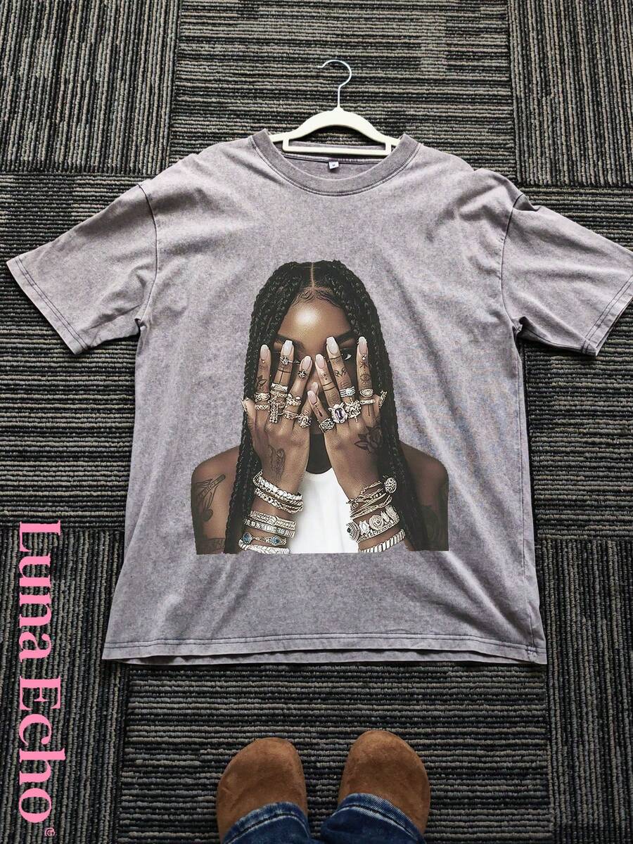 Graphic Tee - Casual Loose-Fitting Washed Cotton 230G Pure Cotton T-Shirt For Women's Summer Wear - Street Retro Distressed Style, Unisex Design - 灰色 - 查看 1