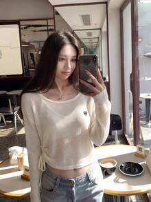 Summer New American Hot Girl Style One-Shoulder Asymmetric Mesh Knit Top – Cropped Cutout U-Neck With Drawstring Tie - Apricot - View 1