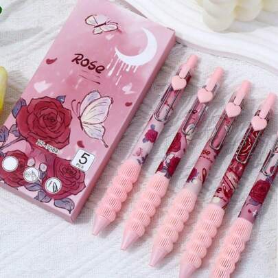 5支/套 可爱玫瑰主题按动式圆珠笔，0.5mm细笔尖，黑色墨水，防漏速干，适合办公、学习、写日记和日常使用（颜色随机）