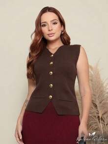 Women's Knitted Vest With Buttons And Pocket, Sleeveless, V-Neck, Summer Fashion Knit - 鏽棕色 - 查看 1
