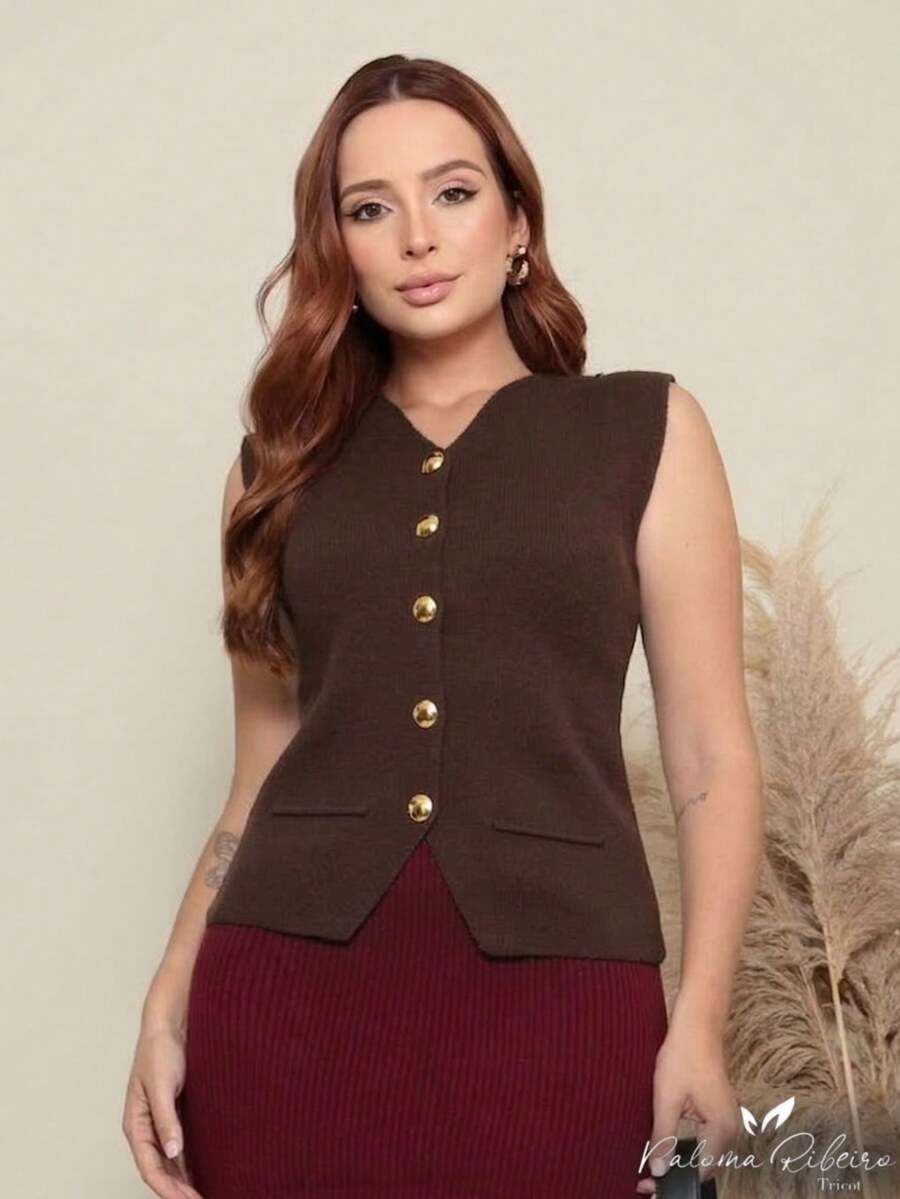 Women's Knitted Vest With Buttons And Pocket, Sleeveless, V-Neck, Summer Fashion Knit - 鏽棕色 - 查看 1
