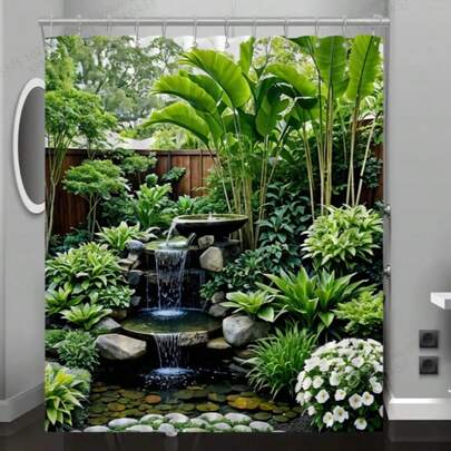 1/3/4件套花园瀑布景观浴帘 - 涤纶材质，可机洗，四季皆宜，双面可用，含挂钩，是浴室装饰的理想之选 | 设计 | 浴帘、浴室窗帘套装、家居装饰、浴室配件