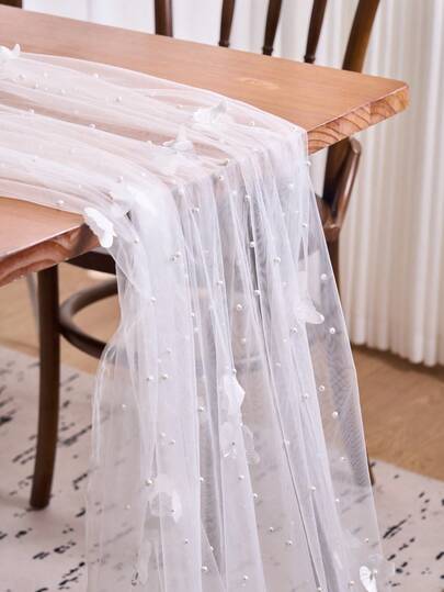 1pc White Pearl Butterfly Lace Sheer Table Runner, Vintage Farmhouse Style Decor For Home, Kitchen, Holiday Parties, Weddings, Birthdays, Suitable For All Seasons