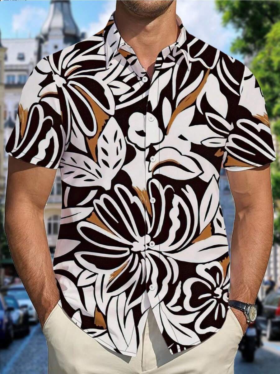One Men's Simple And Elegant Bamboo Fiber Woven Skin-Friendly And Wrinkle-Resistant Short-Sleeve Shirt For Partner, Suitable For Daily Commuting In Summer, Brown And White Color-Block Floral Print Style - 彩色 - 查看 1