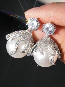 1 Pair Women's Elegant Cubic Zirconia Faux Pearl Dangle Earrings, Suitable For Weddings, Engagements, Parties, Valentine's Day Gift - 1# - View 2