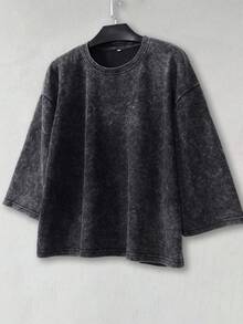 Hemo 男士夏季街头风印花方领短款T恤，微弹水洗黑色休闲日常穿着短款T恤 - 黑色 - 查看 2