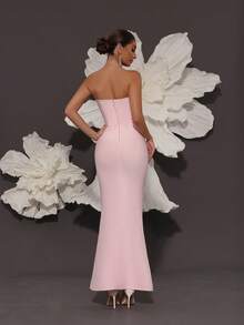 Handmade Rhinestone Embellished Bandage Strapless Mermaid Knit Dress, Luxury Sexy Fashion Fitted Dress For Family Gatherings, Parties, Banquets, Formal Occasions Party Wedding Spring - Baby Pink - View 8