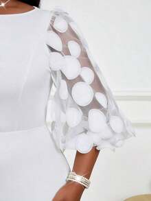 Plus Size Women Spring Summer Casual Elegant Boho Pink Round Neck Knitted Threedimensional Floral Fabric Mesh Splicing Puff Slee - 白色 3 - 查看 8