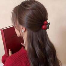 1-2个安库拉红色樱桃发夹，精致优雅的侧刘海/马尾发夹，发饰 - 彩色 - 查看 8