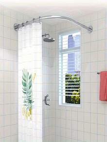 Barra de cortina de ducha ajustable de acero inoxidable, estantería de esquina para baño en forma de L, fácil instalación con agujeros, accesorios de baño de metal para cortina y ganchos - B - Ver 5