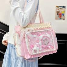 Ita Crossbody Tote Bag, Pin Display With Insert Large Messenger Bag, Cute Tote Bag With Zipper Ruffle, Japanese Aesthetic Y2k - Hồng - Xem 10