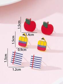 3 Pairs/Set Apple, Pencil, Notebook Enamel Faux Soft Clay Earrings Jewelry Set, Gift For Teachers And Students - Multicolor - View 4