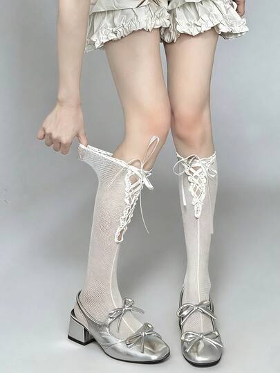 1 đôi tất giữ ấm chân mỏng kiểu ba lê, chéo, thích hợp cho mùa xuân/hè, tất cao đến đầu gối kiểu Lolita thắt nơ, tất bắp chân phong cách Y2K cá tính có nơ, phù hợp cho mặc hàng ngày, hẹn hò và phối cùng trang phục ba lê, kết hợp với giày Mary Janes và giày búp bê.