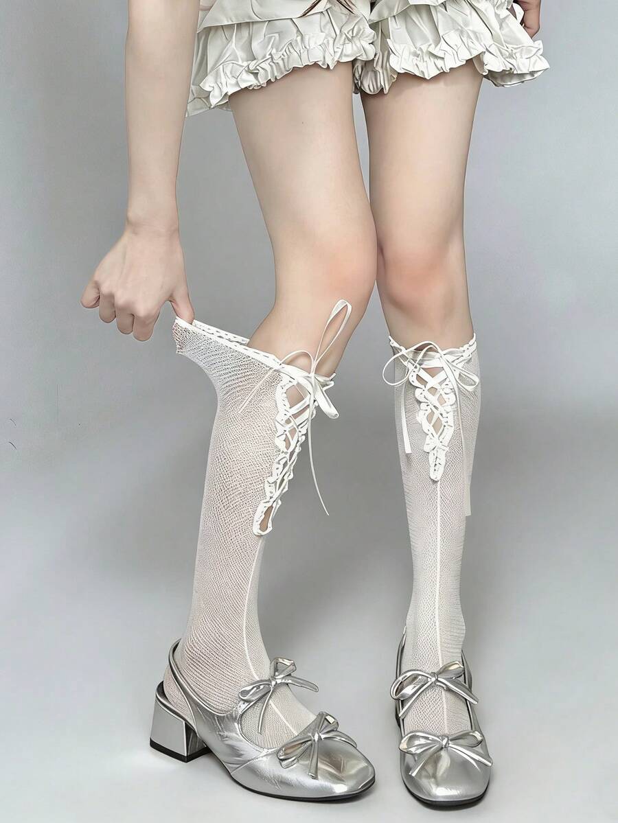 1 đôi tất giữ ấm chân mỏng kiểu ba lê, chéo, thích hợp cho mùa xuân/hè, tất cao đến đầu gối kiểu Lolita thắt nơ, tất bắp chân phong cách Y2K cá tính có nơ, phù hợp cho mặc hàng ngày, hẹn hò và phối cùng trang phục ba lê, kết hợp với giày Mary Janes và giày búp bê.