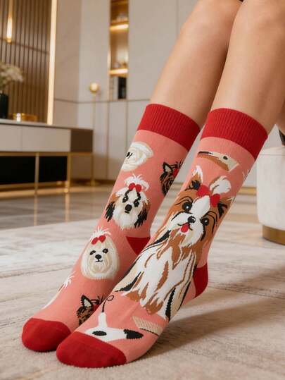 1 paar damessokken met cartoon puppyprint, veelzijdig voor buitensporten, hardlopen, fietsen, geschikt voor lente/zomer