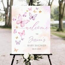 1pc Personalized Birthday Welcome Sign, Customized Text, Pink Ribbon, Entrance Welcome Board, Floral Butterfly Design, Girls Birthday Party Decoration, Wedding Anniversary, Retirement Celebration, Printed Painting, Cute Wall Art, Frameless - Multicolor - View 15