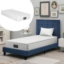 Upholstered Bed With Its Upholstered Headboard, Single Bed With Slatted Base, 90x200cm, In Blue Linen, Medium Firm (With Spring Mattress) - Blue - View 4