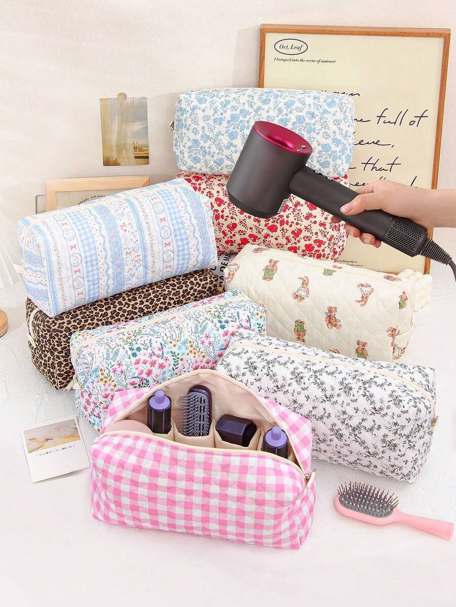 1 pièce Sac de rangement matelassé à imprimé floral pour sèche-cheveux, sac à outils de coiffure avec poche intérieure, étui de voyage pour sèche-cheveux, sac pour fer à friser, sac à maquillage