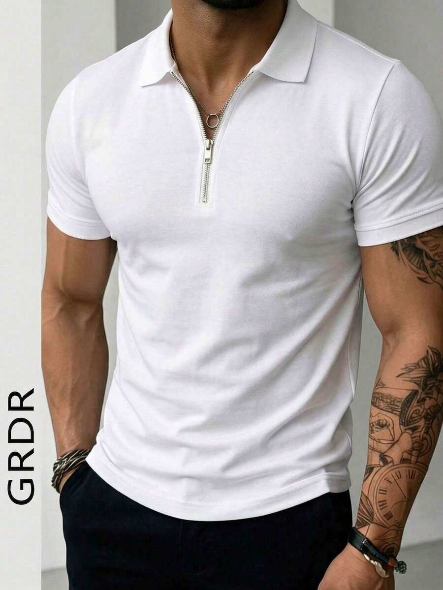 GRDR Men's Solid Color Short Sleeve Zipper Design Casual Versatile T-Shirt
