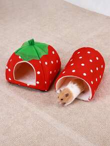 2 piezas Cama de hámster con patrón de fresa, escondite de conejo, nido cálido lavable para mascotas pequeñas con túnel para cobayas, set de accesorios de jaula de escondite para conejos, adecuado para hámsteres, hurones, conejos - Rojo - Ver 2