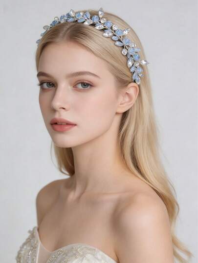 女士浅蓝色优雅水晶发饰，新娘婚礼自然风饰品，奢华头饰