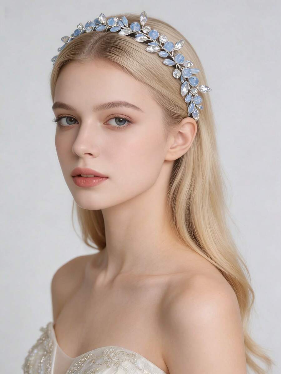 Women's Light Blue Elegant Crystal Hair Accessory, Bridal Wedding Nature-Inspired Ornament, Luxury Headpiece