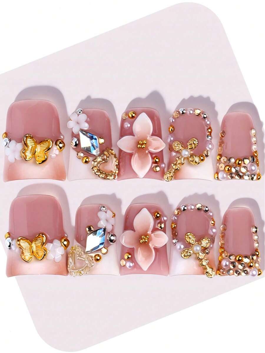 Handmade Sweet Luxury Short Duck Bill Press On Nails, Artisan Design, 3D Stereo Flower, Gold Butterfly, Heart Rhinestone, Pearl Chain Details, High-Gloss Finish, Salon-Quality Reusable, Ideal Gift For Noble Style Enthusiasts Summer - 彩色 - 查看 1