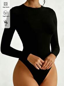 Fyxelle Spring/Summer Round Neck Long Sleeve Fitted Bodysuit Sexy Base Layer T-Shirt - Black - View 1