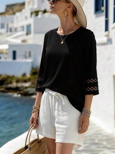 Camisa de mujer con adorno de encaje negro y mangas 3/4, elegante blusa casual de verano primaveral