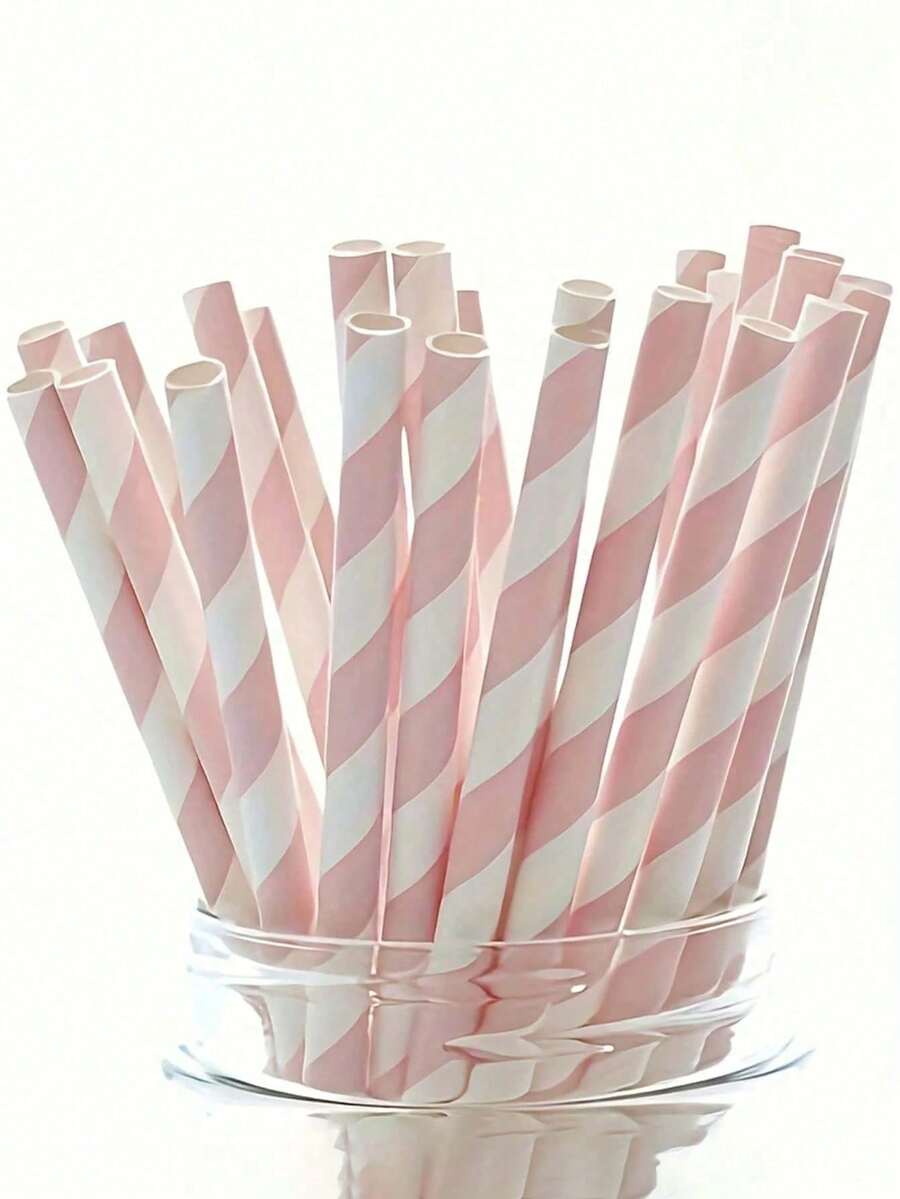 25/50/100pcs Pink Striped Paper Straws, Suitable For Party, Bar, Wedding Decoration, Great For Birthday Party, Mother's Day, Wedding And Anniversary Celebration. Coaster, Water Bottle, Candy Stick - View 1