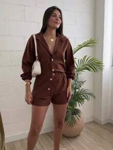 Combination Set Consisting Of A Long-Sleeved Top And Shorts. - Maroon - View 2