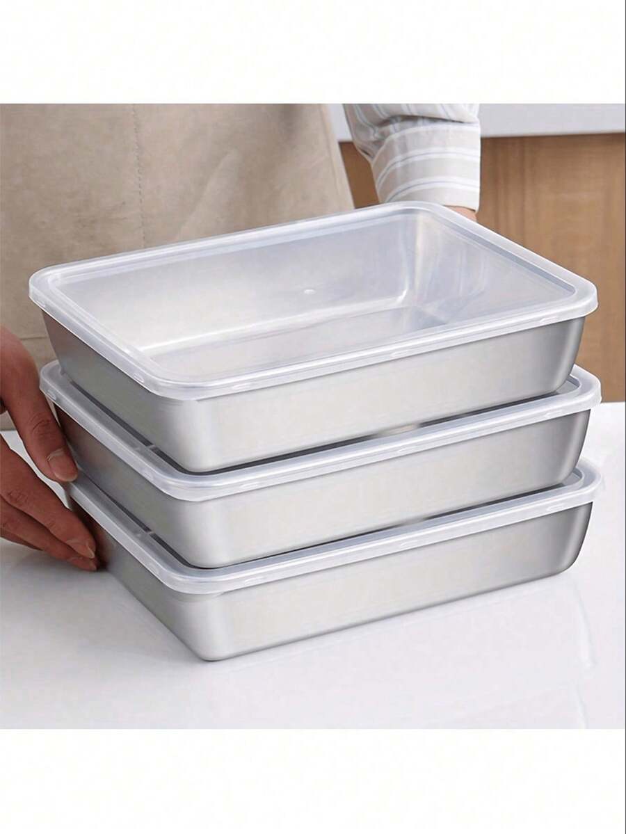 3pcs 10.2-Inch Stainless Steel Baking Tray Set With Lids, Food Storage Containers - Square Shape, Manual Lid Cover, Hand Wash - Suitable For Meal Prep And Outdoor Picnics