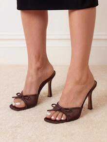Sandalias de tacón cuadrado abierto con lazo para mujer, Sandalias de tacón alto estilo vintage para fiestas - Marrón - Ver 5