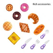 兒童廚房玩具食物套組，塑膠切切樂麵包甜甜圈甜點遊戲組，男孩女孩角色扮演麵包烘焙玩具套裝 - 彩色 - 查看 11