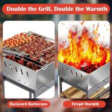 24 Inch Stainless Steel Outdoor Fire Pit With Grill 3-In-1 Wood Burning Fire Pits For Outside Square Firepit With Wood Storage And Ash Pan For Camping Patio Bonfire And BBQ - A - 查看 6