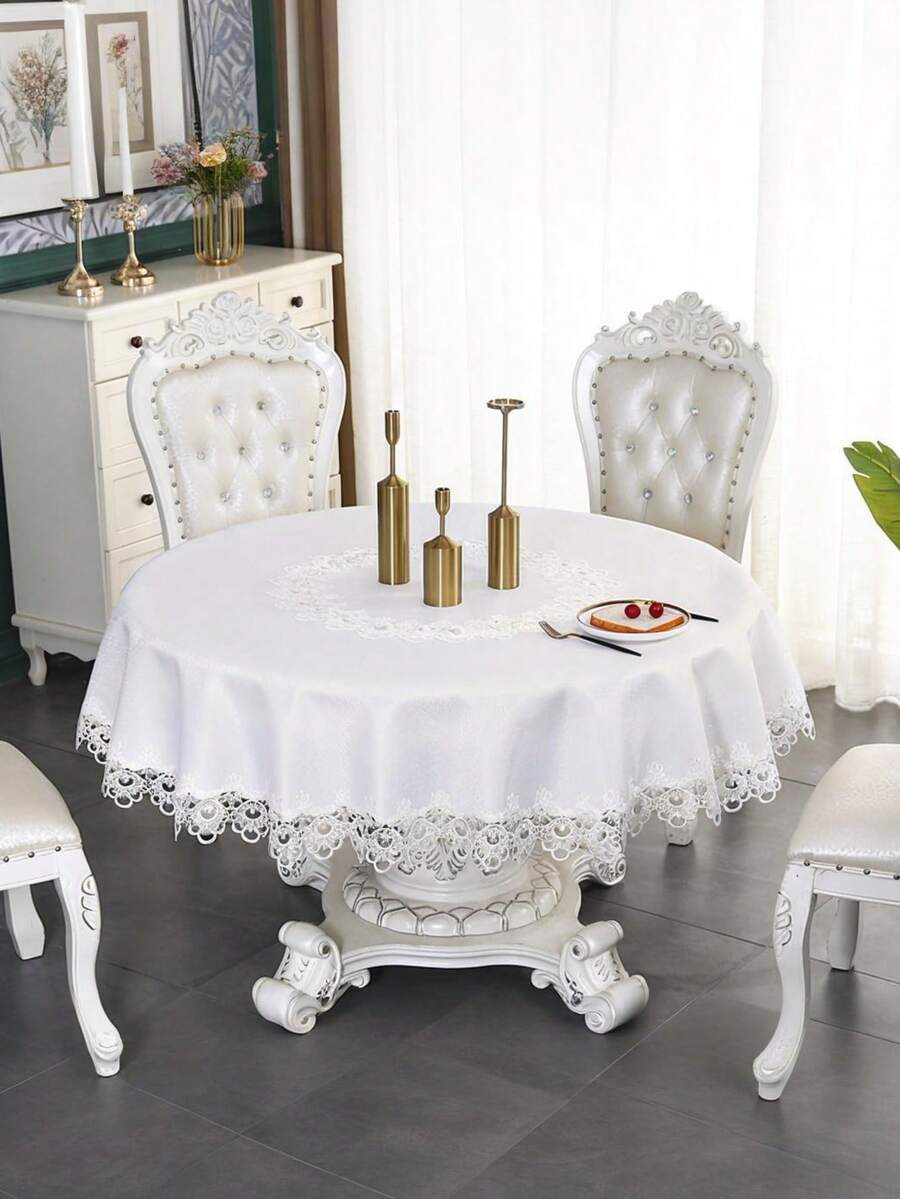 HXARTMIS 1pc White Embroidered Rimmed Tree Bark Textured Round Tablecloth, Elegant Embroidered Table Cover, Delicate Peacock Tail Trim Tablecloth, Suitable For Dining Room, Kitchen, Wedding, Party, Home Decor, Mother's Day, Father's Day And Other Holiday Themes - White - View 1