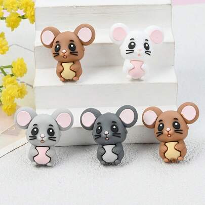 6 piezas Cuentas de silicona con forma de ratón lindas, opciones de multicolor con orejas rosas y sonrojo, cuentas de animales 3D para decoración, fabricación de joyas DIY pulseras collares, encantos de bolígrafo y teléfono, accesorios de bolso, suministros de manualidades