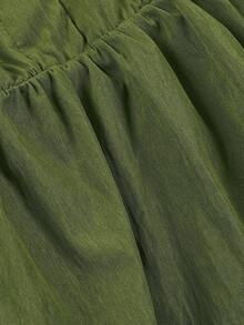 ii Blusa de manga larga con volantes, parches de encaje y unicolor casual para primavera - Verde militar - Ver 7