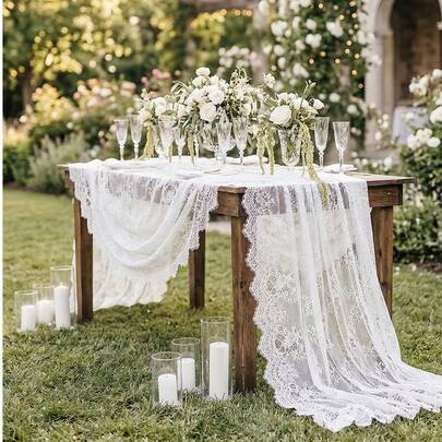 1pc White Lace Tablecloth Fabric Combination, With Tassel Edges And All-Over Lace Embroidery Design, Keywords: Lace Fabric, Tassel Lace, Embroidered Lace, Wedding Dress, Bridal Gown, Clothing Accessories, Tablecloth, Table Runner, Wedding Decor, Home Decor, White Lace, Wedding Ceremony, Mother's Day Gift, Father's Day Gift, Party Tablecloth