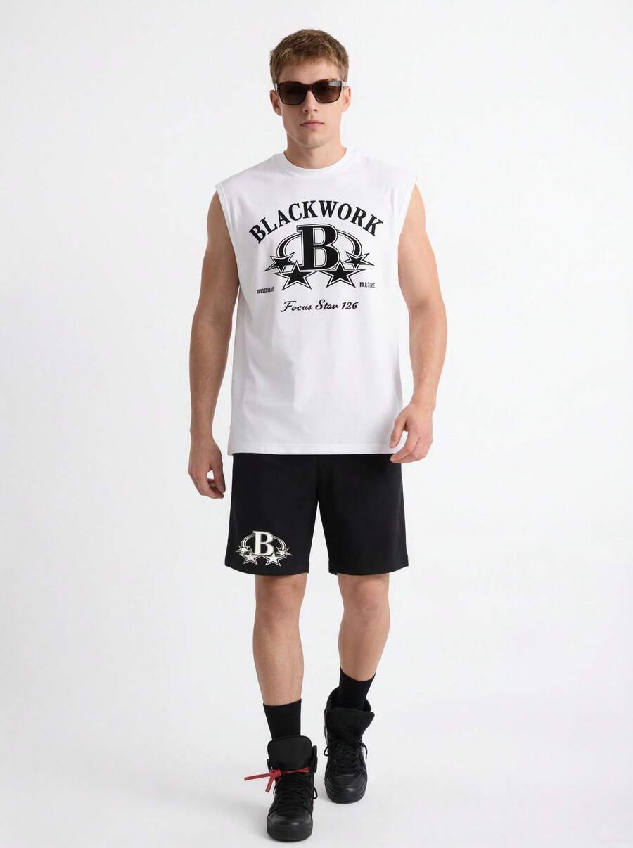 Voidago Men's Casual Graphic Print Round Neck Tank Top And Drawstring Waist Shorts Set - White - View 1