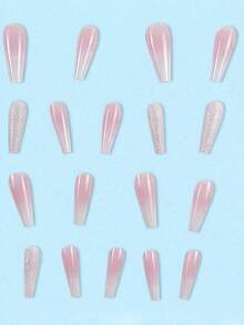 Upgrade Your Look 24Pcs Long Coffin Gradient Light Pink Glitter Fashion Hot Girl Nail Set Press-On Nails Suitable For Party Prom Or Daily Wear - Baby Pink - View 3