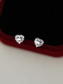 1 Pair Elegant S925 Sterling Silver Cubic Zirconia Crown & Heart Stud Earrings, Jewelry Accessories For Women, Wedding Party Anniversary Gift - Geometry - View 4