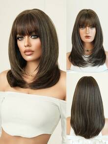 7JHH WIGS Highlight Brown Layered Wig For Women 18 Inch Elegant Shoulder Length Straight Wig With Bangs Mixed Blonde Hair, Natural Looking Soft Heat Resistant Fluffy Glueless Synthetic Fiber Wig For Daily Wear, Beginners Wigs Accessories, Mother's Day Gifts - 挑染棕色 - 查看 2