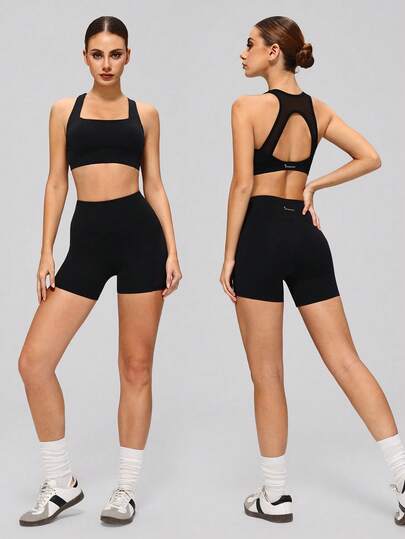 MASKERT 两件套修身塑形女士吊带背心和短裤套装，高弹力运动服，适合跑步和瑜伽