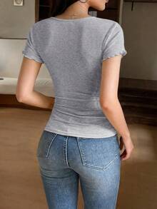 Y2K Preppy Style Women's Summer Casual Lace Patchwork Crew Neck Short Sleeve Knit T-Shirt - Gray - View 6